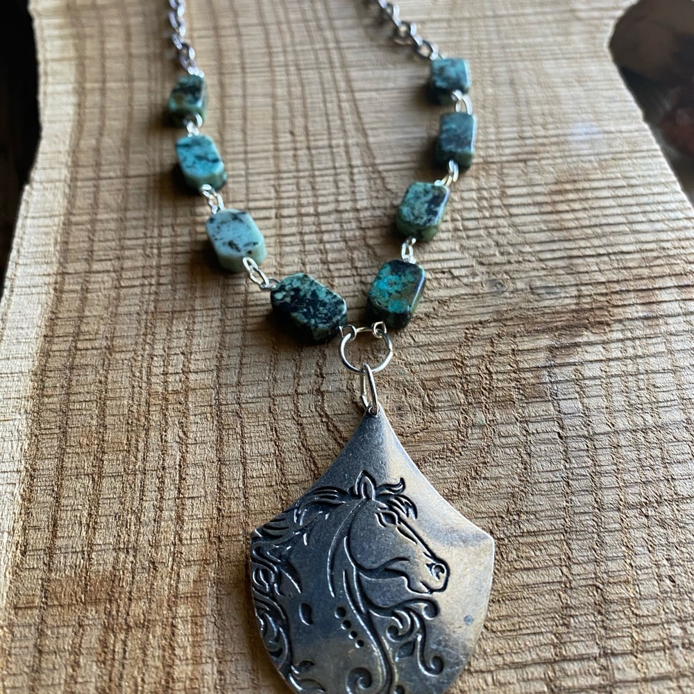Silver Tone Horse Pendant Necklace with Turquoise Beads - Picture 4 of 9
